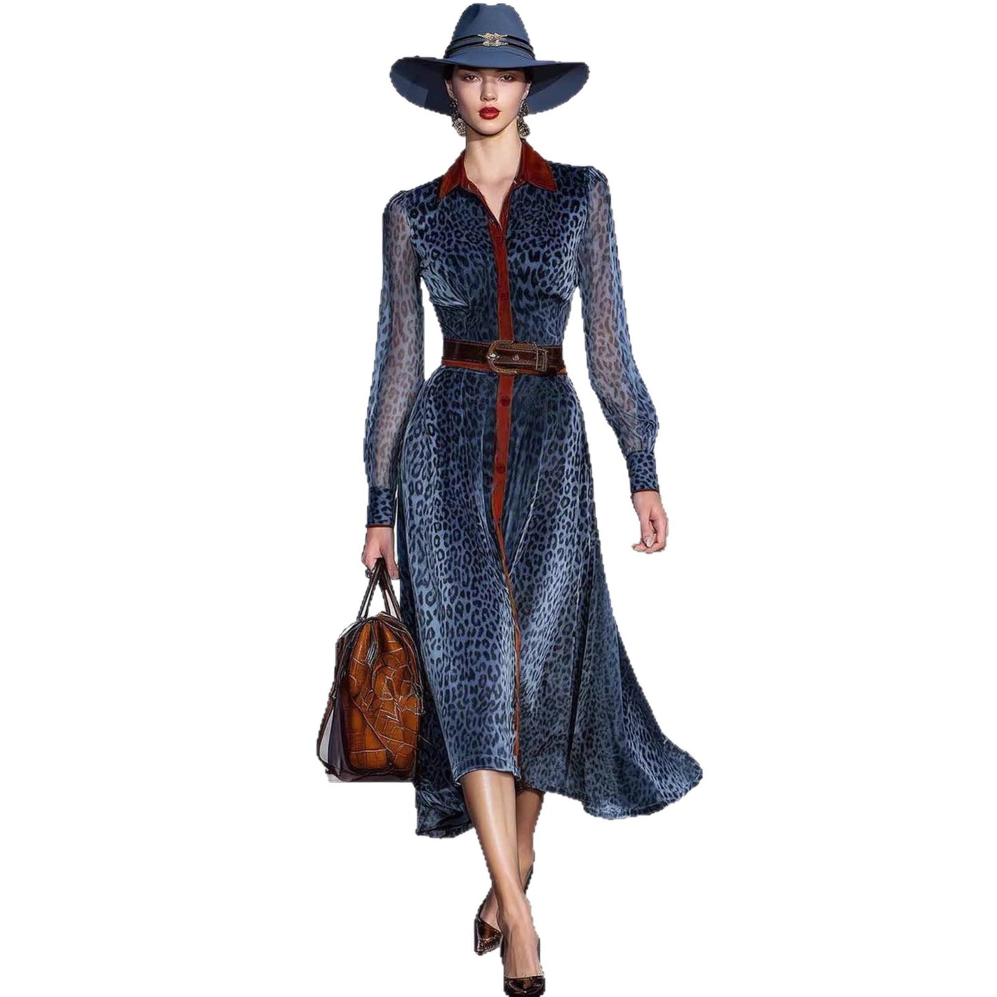 Blue Leopard Print Long Sleeve Shirt Midi Dress