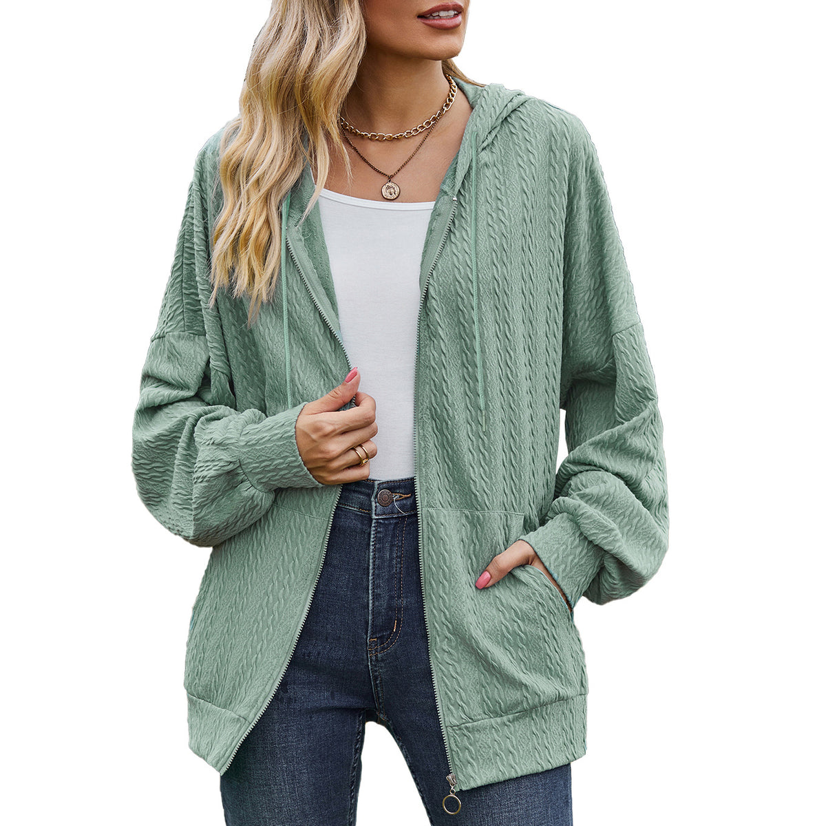 Oversized Textured Zip-Up Hoodie Jacket Pockets