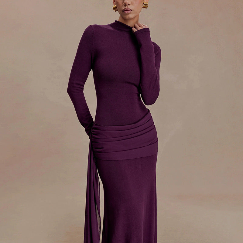 Elegant Mock Neck Long Sleeve Ruched Sash Maxi Dress