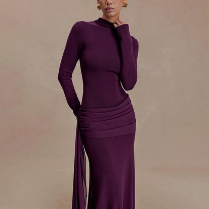 Elegant Mock Neck Long Sleeve Ruched Sash Maxi Dress