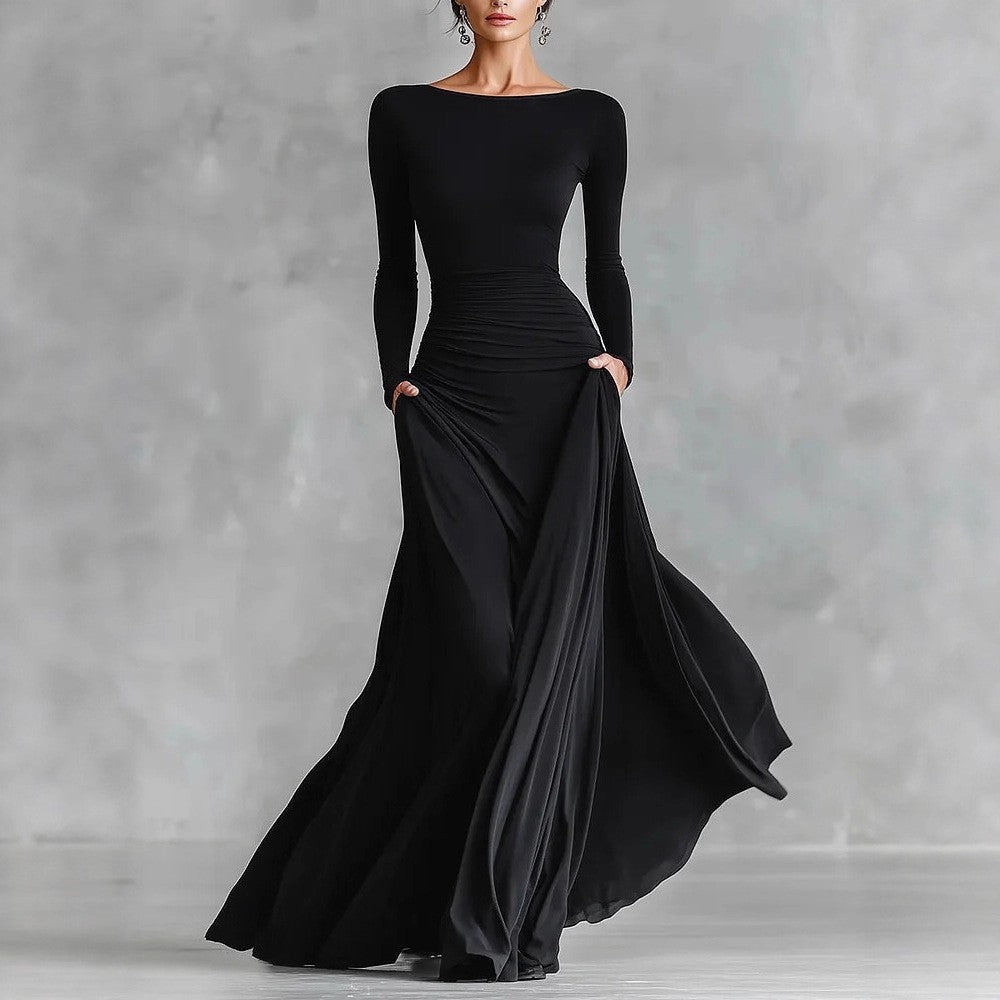 Boat Neck Ruched Waist Maxi Dress Long Sleeve Flowy Skirt