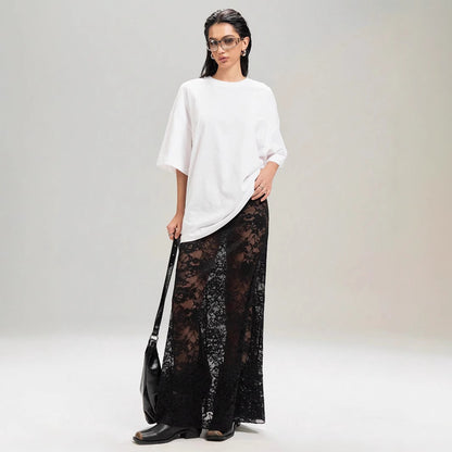 Black Lace High Waist Skirt A-Line Streetwear Trendy Women