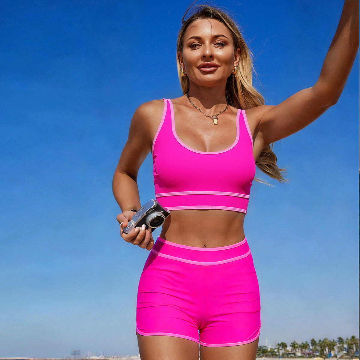 New Women's Two-Piece Bikini Swimsuit, Solid Color High Waist, Sporty Cross-Border
