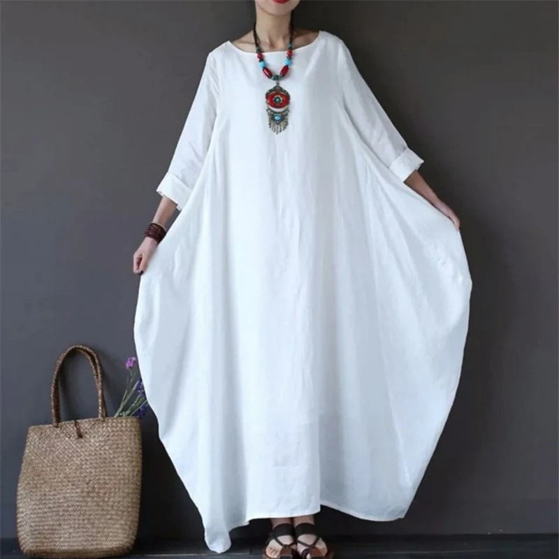 Women's Casual Loose Maxi Dress Long Sleeve Ruffle Hem Solid