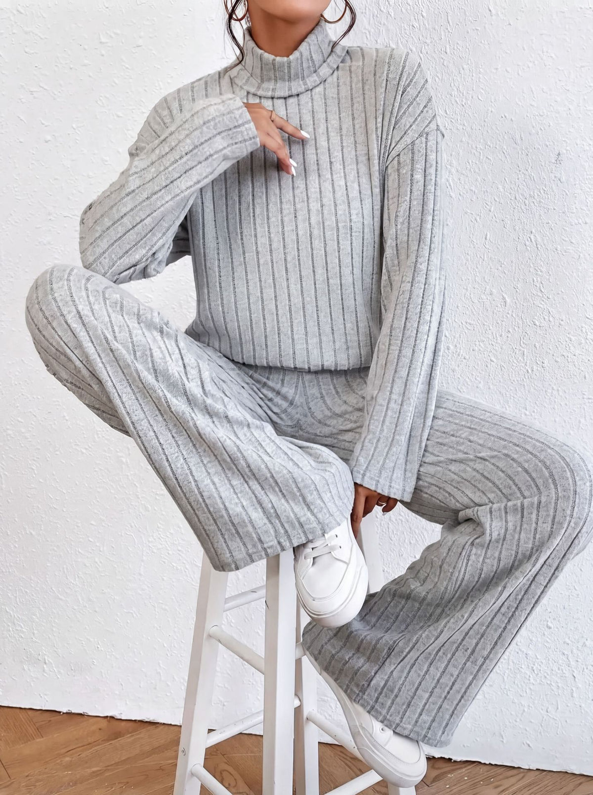 Ribbed Knit Turtleneck Sweater & Straight Pants Set