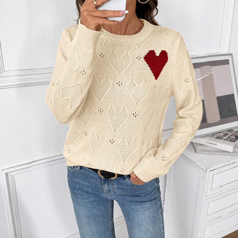 Valentine Heart Pointelle Crew Neck Knit Sweater