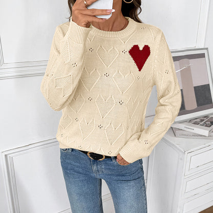 Valentine Heart Pointelle Crew Neck Knit Sweater