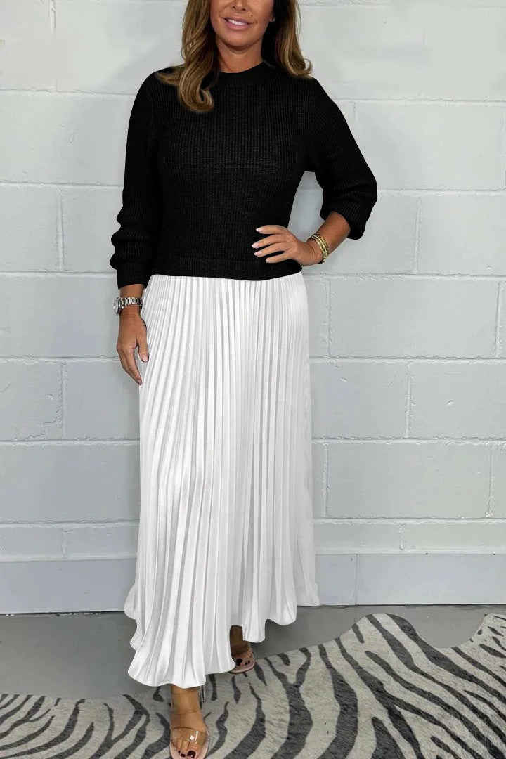 Women's Colorblock Ribbed Pleated Maxi Dress Long Sleeve