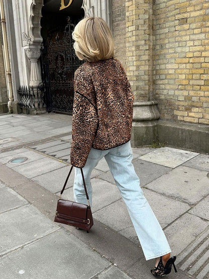 Vintage Leopard Print Autumn Spice Girl Crew Neck Short Jacket