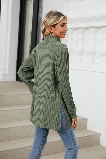 Women's Ribbed Mock Neck Long Sleeve Tunic with Pockets