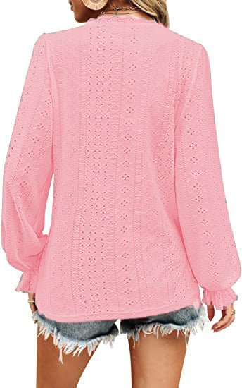 Women's V Neck Lace Long Sleeve Blouse Tunic Top