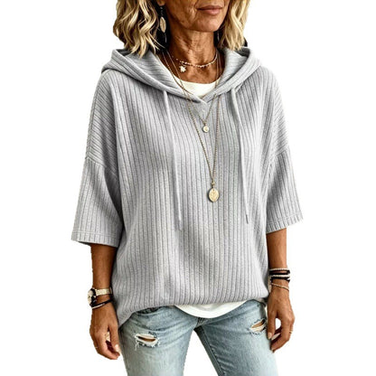 Oversized Ribbed Half Sleeve Hoodie Tunic Pullover Top