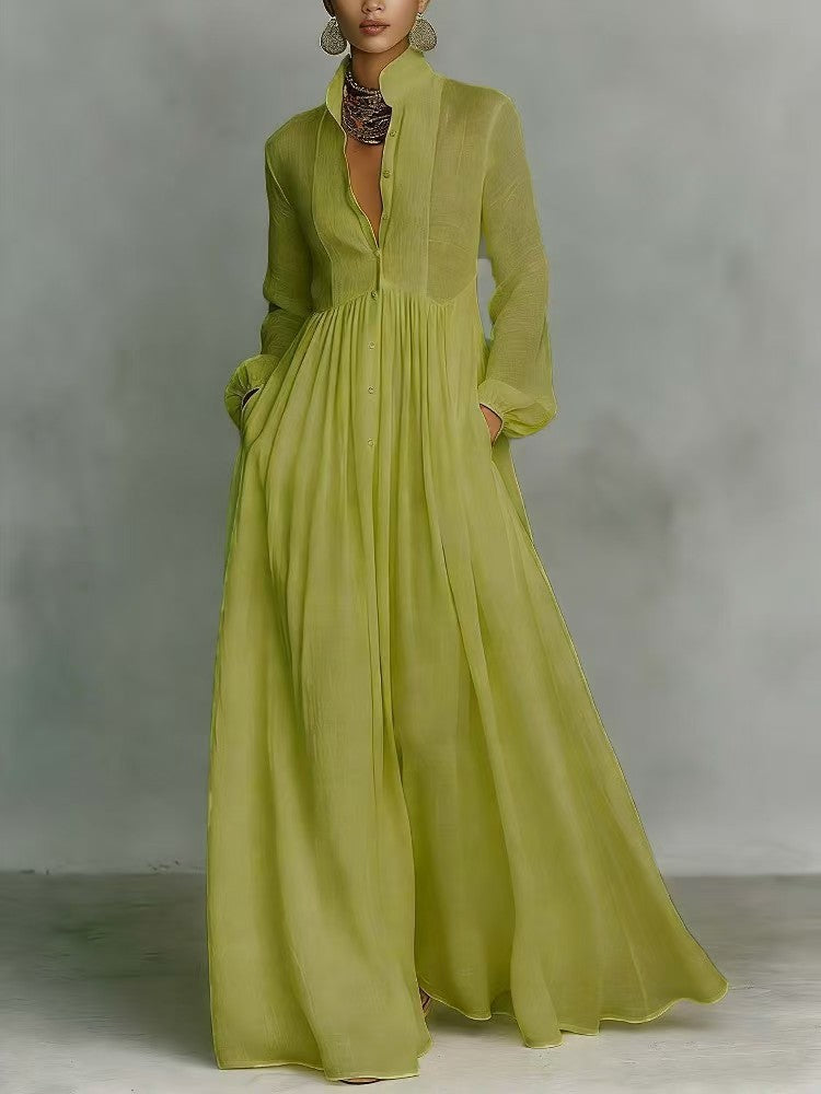 White Long Sleeve Pleated Maxi Dress Flowy