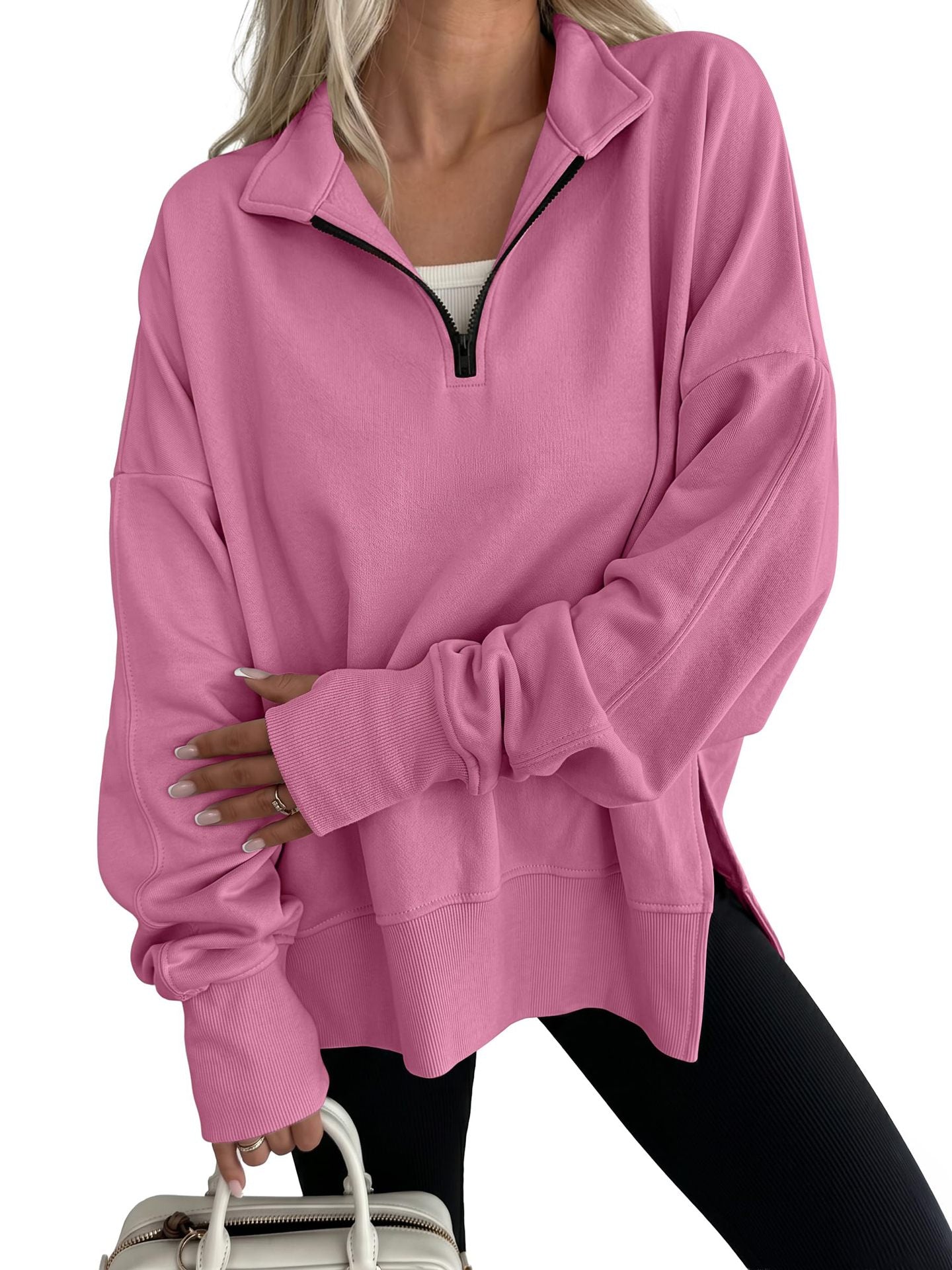 Women's Oversized Quarter Zip Sweatshirt Side Slit Pullover