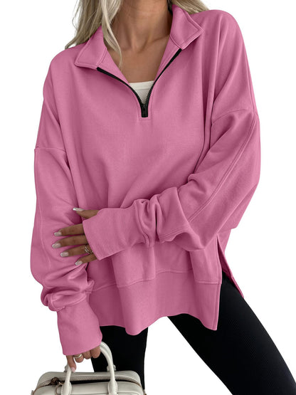 Women's Oversized Quarter Zip Sweatshirt Side Slit Pullover