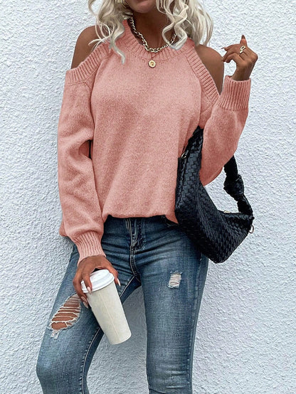 Women's Cold Shoulder Knit Sweater Crew Neck Pullover