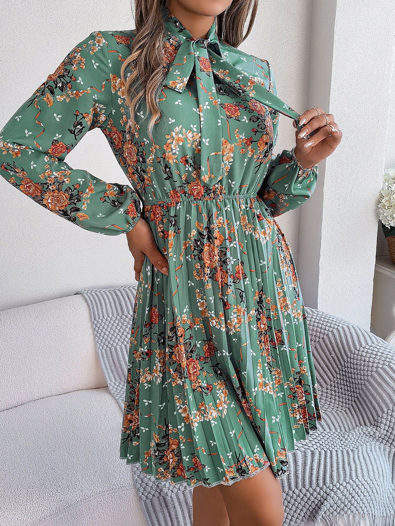 Floral Tie Neck Long Sleeve Pleated Midi Dress