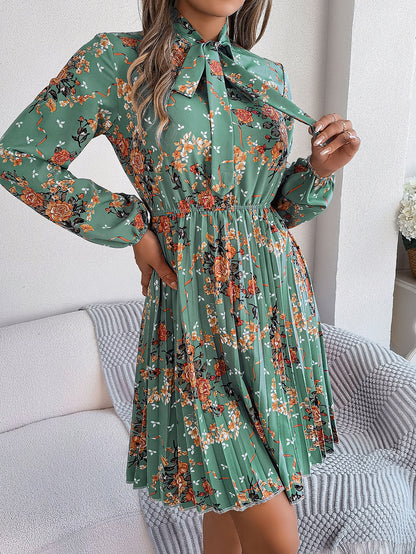 Floral Tie Neck Long Sleeve Pleated Midi Dress