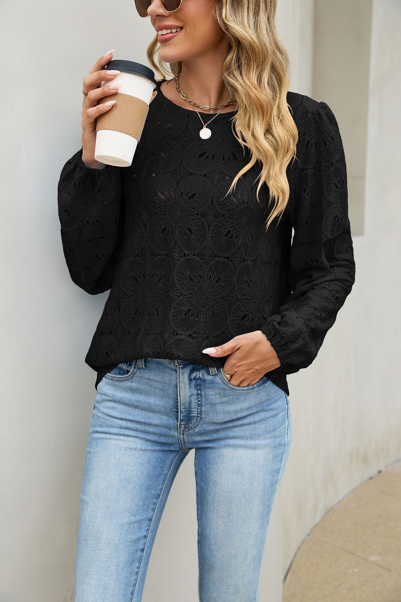 Eyelet Lace Blouse Puff Sleeve Loose Top