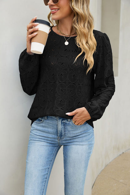 Eyelet Lace Blouse Puff Sleeve Loose Top