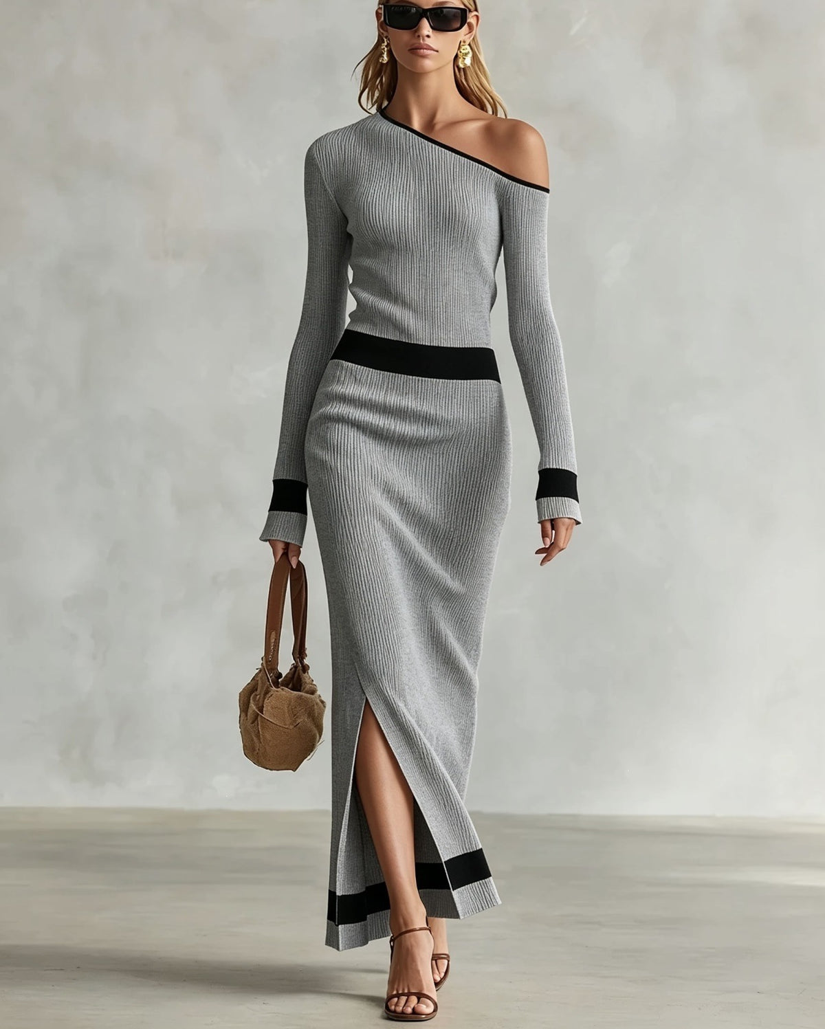 One Shoulder Colorblock Ribbed Knit Maxi Slit Dress