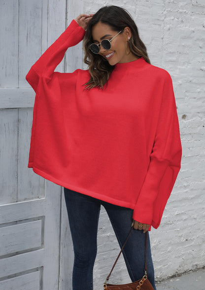 Ladies Loose Split Split Bat Sleeve Half Turtleneck Sweater