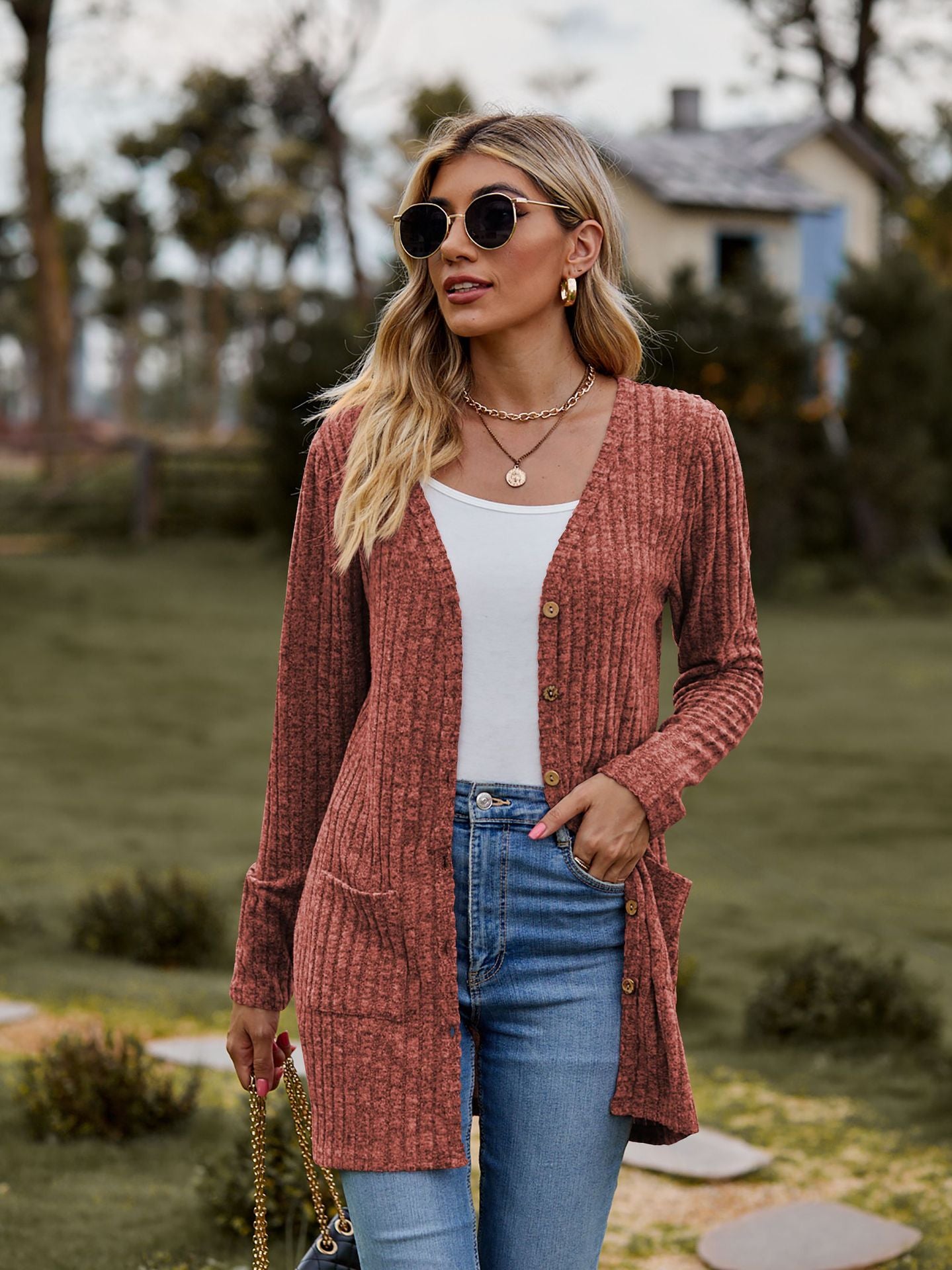 Ribbed Knit Cardigan Long Sleeve Button Pocket Sweater