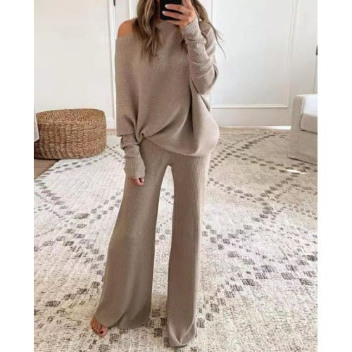 Womens Cozy Off Shoulder Sweater Set Wide Leg Pants