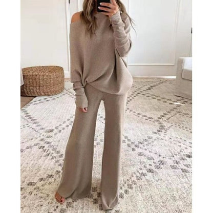 Womens Cozy Off Shoulder Sweater Set Wide Leg Pants