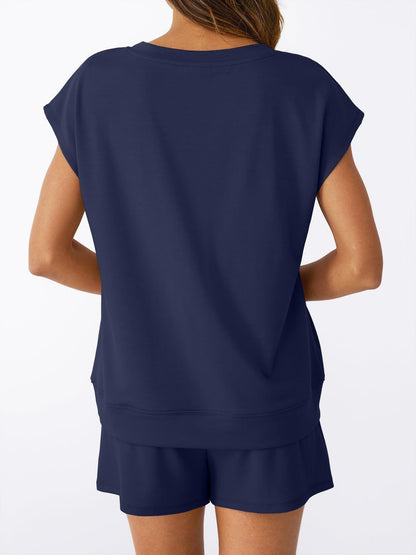 V Neck Casual Lounge Set Short Sleeve Top and Shorts