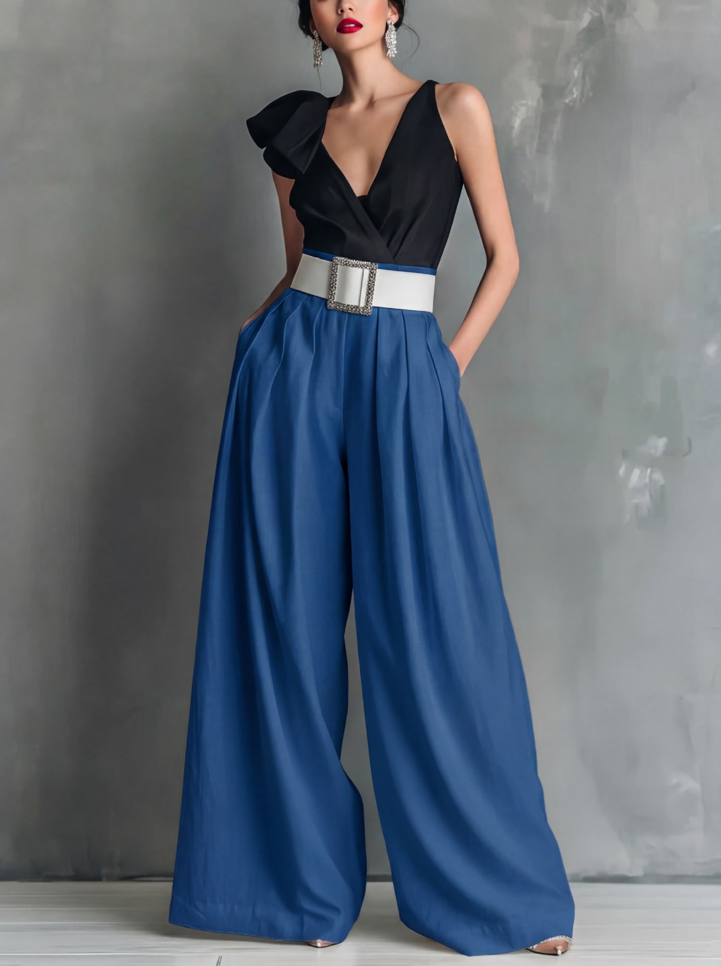 Women's Belted High Waist Wide Leg Work Pants