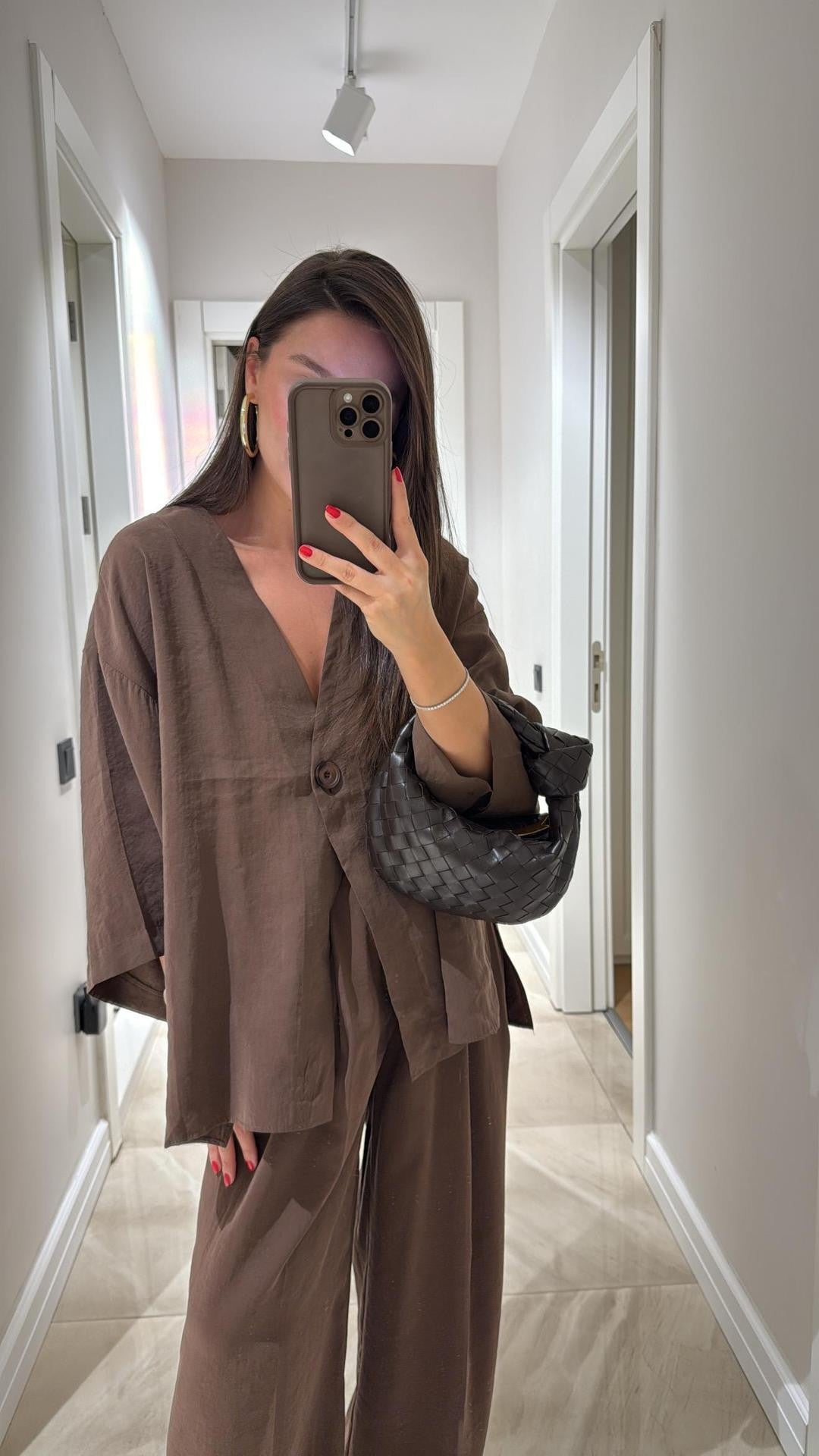 Oversized V-Neck Button Top & Wide Leg Pants Matching Set