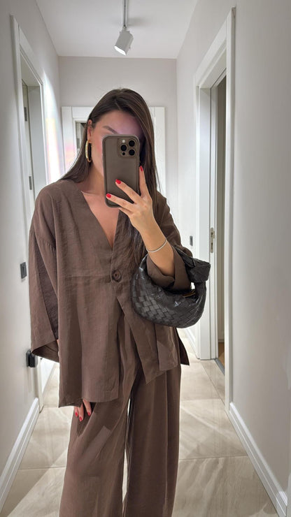 Oversized V-Neck Button Top & Wide Leg Pants Matching Set