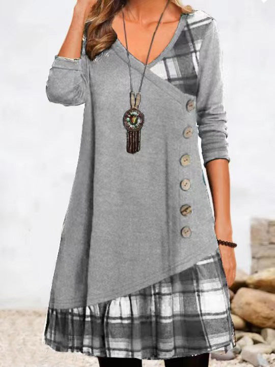 Women's Plaid Patchwork V-Neck Button Long Sleeve Dress