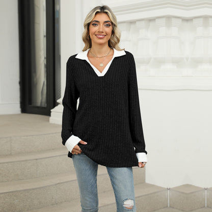 Women's Oversized Contrast Collar V Neck Long Sleeve Top