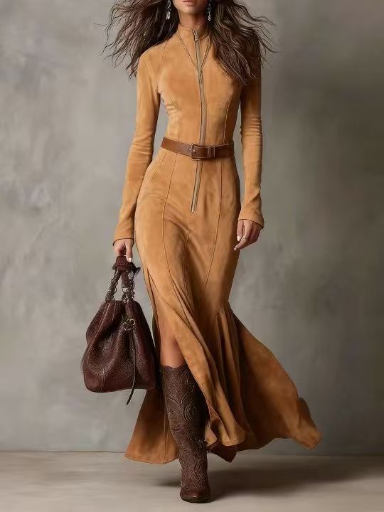 Faux Suede Zip Front Maxi Dress Long Sleeve Boho