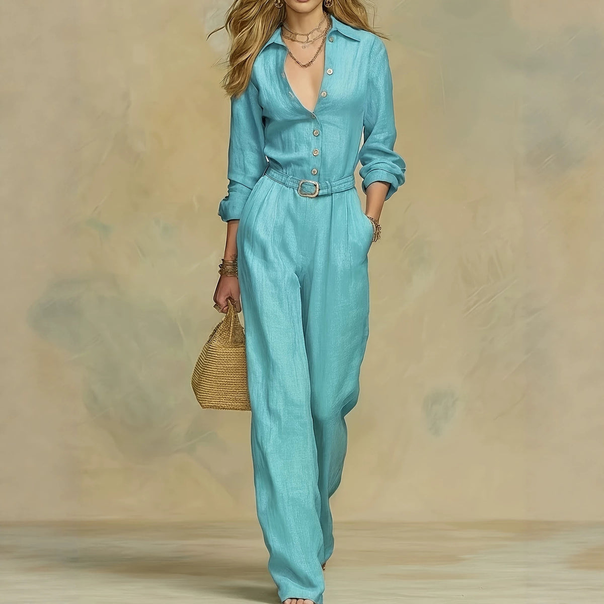 Women's Button Down Belted Wide Leg Jumpsuit