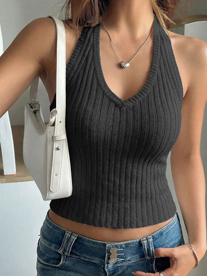 Women's Ribbed Halter Crop Top Backless Sexy Tank