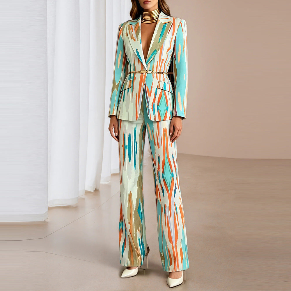 Women's Colorful Printed Blazer & Pants Matching Set