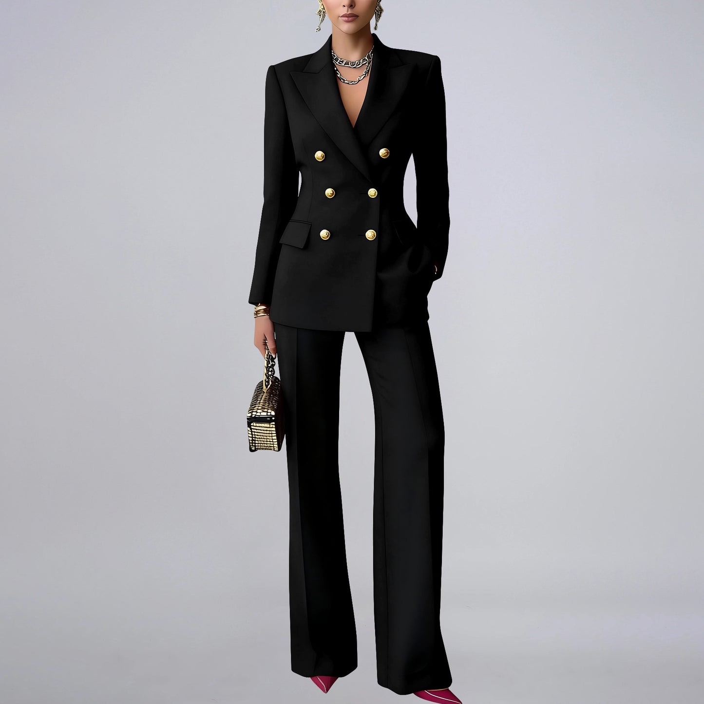 Womens Double Breasted Blazer Wide Leg Pants Set