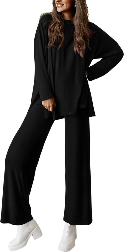 Women's Two Piece Lounge Set Long Sleeve Wide Leg Pants