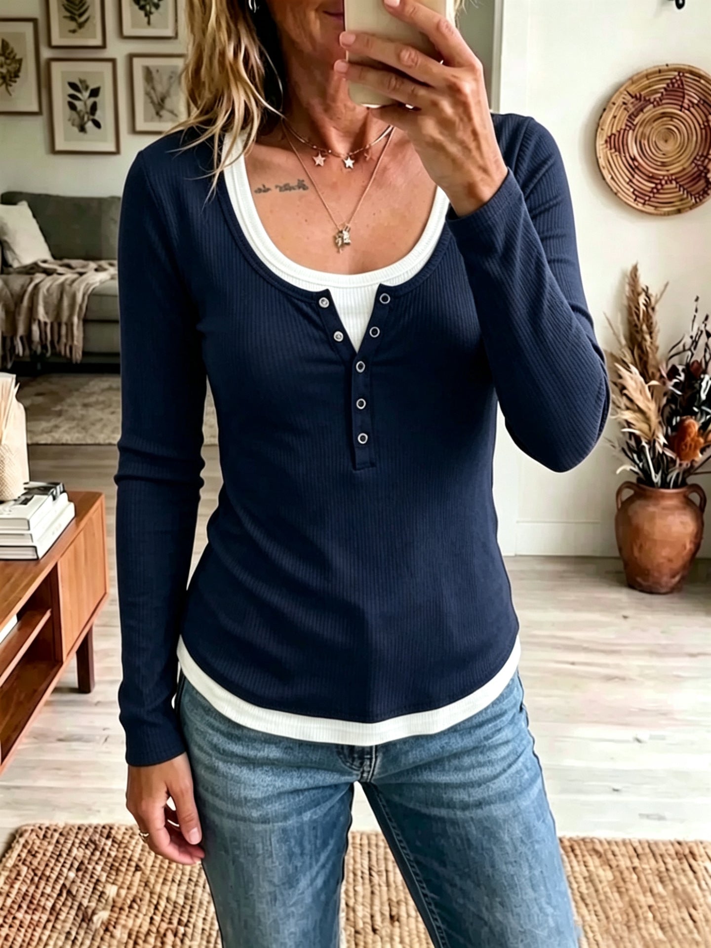 Contrast Layered Long Sleeve Top for Women