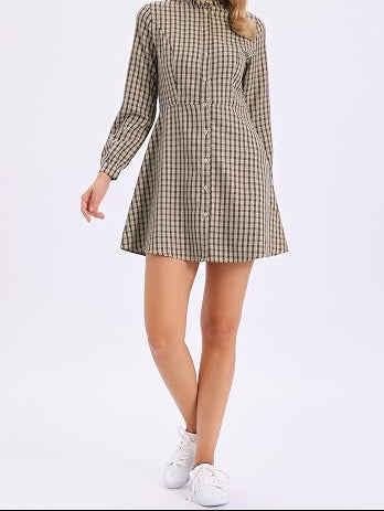 Plaid Ruffle Collar Button Front Long Sleeve Mini Dress
