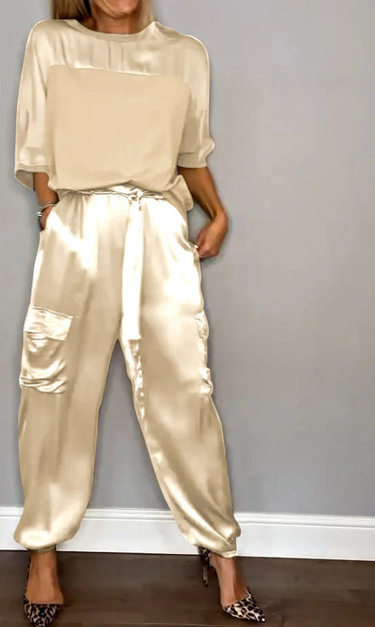 Women's Satin Cargo Joggers Half Sleeve Two Piece Set