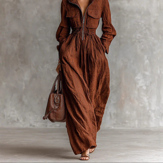 Zip Front Collared Maxi Dress Long Sleeve Elastic Waist
