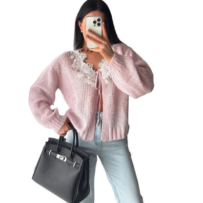 Women's Pink Lace Collar Tie Front Chunky Cardigan