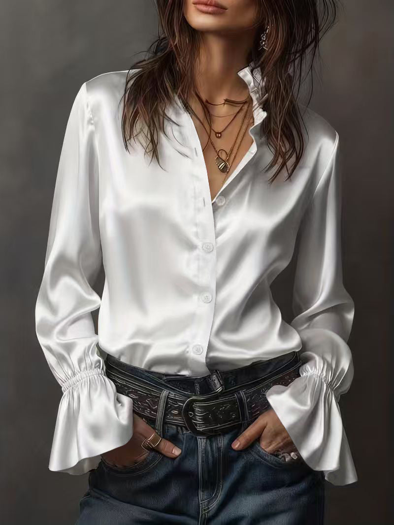 Women's Satin Bell Sleeve Button Down Blouse