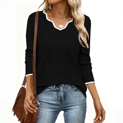 Women's Scalloped V-Neck Contrast Trim Long Sleeve Sweater