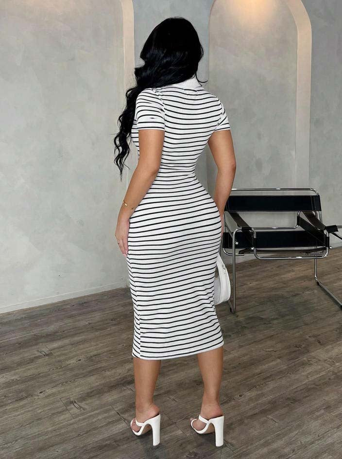 Polo Collar Stripe Bodycon Midi Dress Short Sleeve Casual