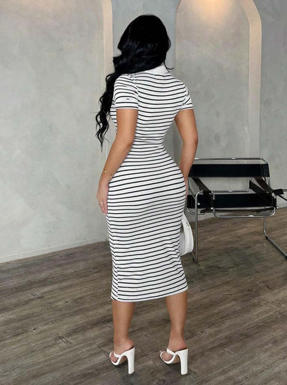 Polo Collar Stripe Bodycon Midi Dress Short Sleeve Casual